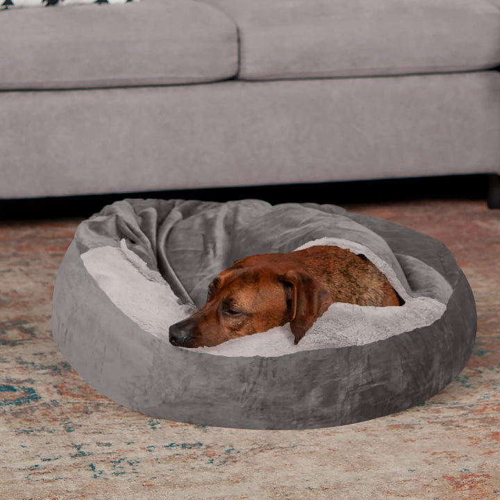 Furhaven 27" Round Medium Donut Dog Bed Plush Velvet Waves Hooded Calming Cuddler, Washable - Dark G