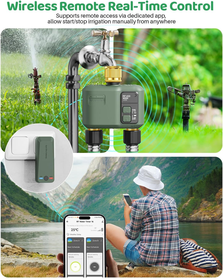 Smart Bewässerungscomputer WLAN 2 Zonen Ausgängen mit Messing Einlass & Auslass, Regenverzögerung/Au