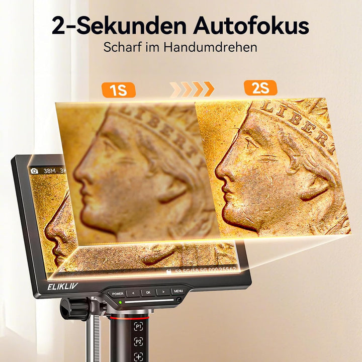 Elikliv EM3K-AF Max Autofokus Digital Mikroskop 2000X, 3K 10.1'' Münzmikroskop für Gesamtansicht,HDM
