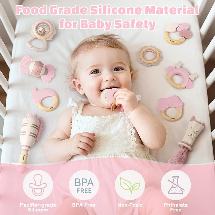 Baby Spielzeug ab 3 Monate, Beissring Baby Rassel 0-6 Monate Sensorik Zahnungshilfe Neugeborenen Ges