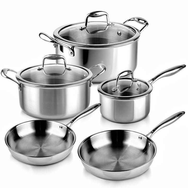 La Moustache - Topf- und Pfannenset 8-teilig, aus Edelstahl ohne Beschichtung, 3 Kochtöpfe mit Glasd