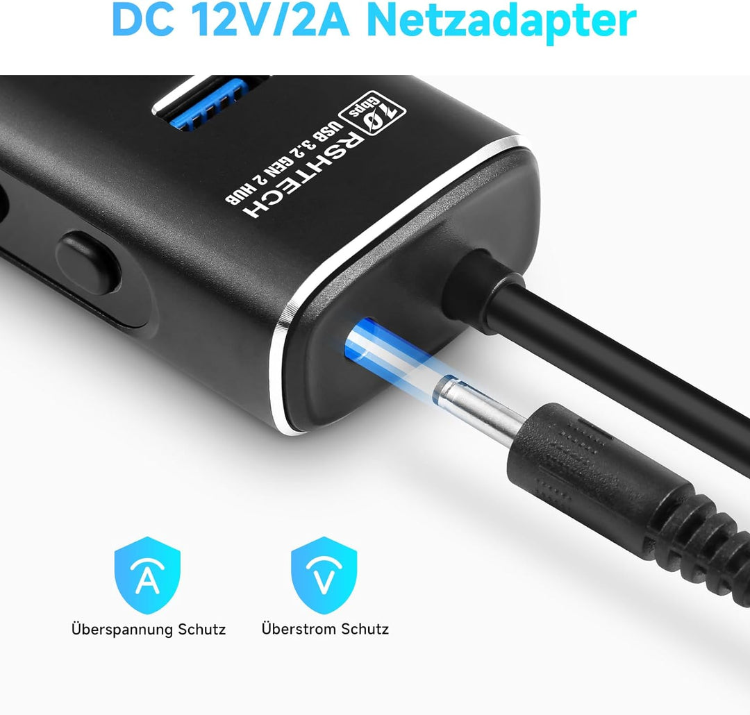 USB 3.2 Hub Aktiv mit Netzteil, RSHTECH Aluminium USB Hub 3.1 Gen2 mit 7*USB 3.2-Datenport (10Gbps),