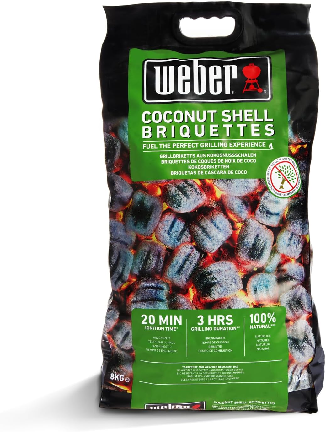 Weber Grill-Briketts aus Kokosnussschalen (8kg Sack), leistungsstark, für Lange und konstante Glut,