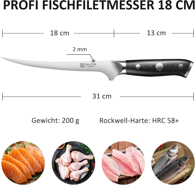 PAUDIN Filetiermesser fisch Messer 18 cm, Filitiermesser Scharf Fisch aus Deutscher Edelstahl 1.4116