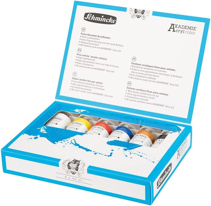Schmincke – AKADEMIE® Acryl, 6 x 60 ml-Tuben, 76 759 097, kleines Basis-Kartonset, brillante, farbst