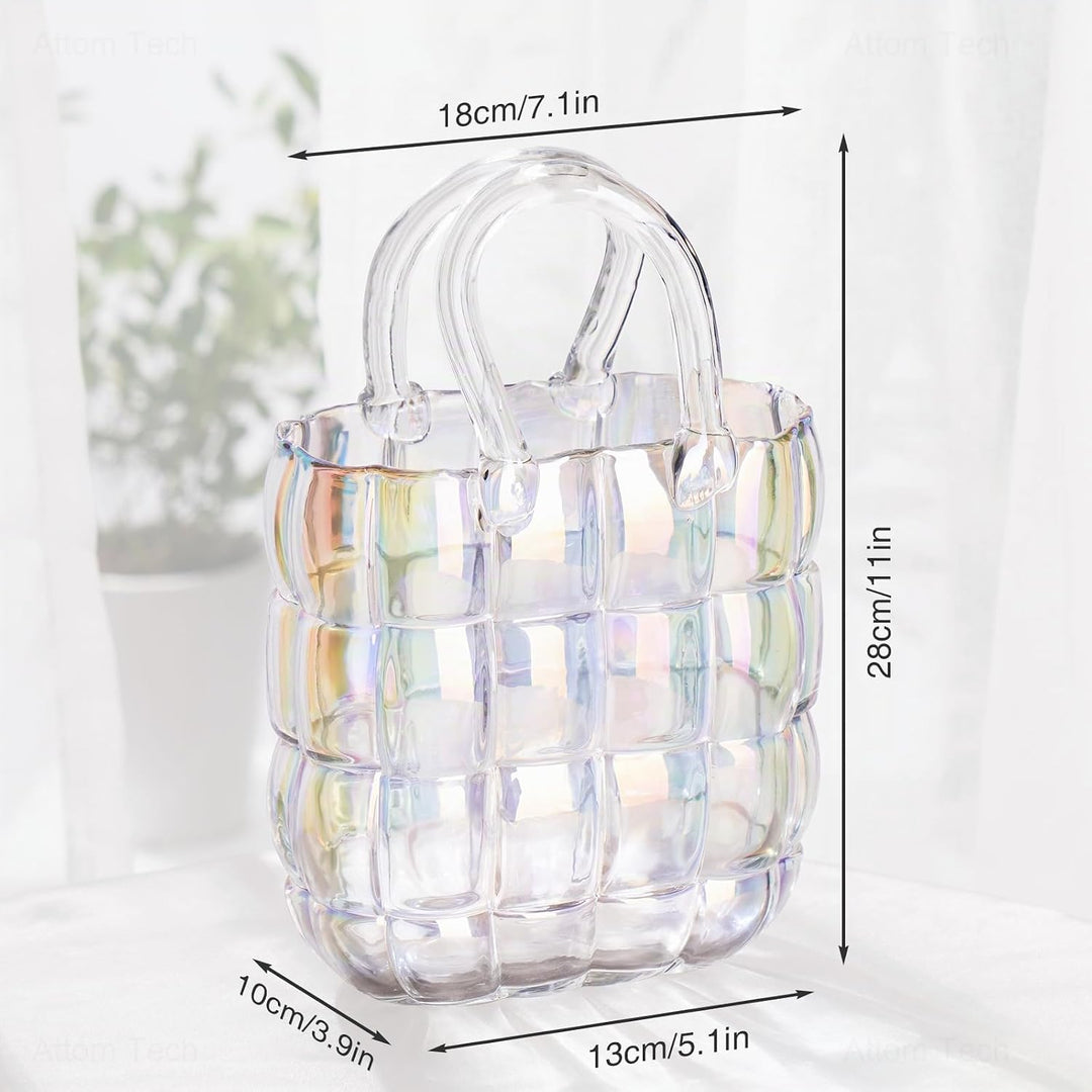 NiHome Glas-Geldbörsen-Vase, schillernde Glas-Taschen-Vase mit Griff, Handtaschen-Form, Vase für Blu