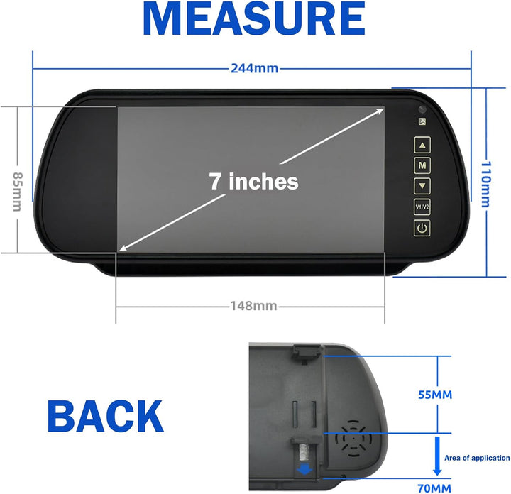7 Zoll Rückfahrkamera Spiegel Monitor 12–24V – Clip-On Innenspiegel mit 7" 800x480 LCD TFT &amp; Parkhil