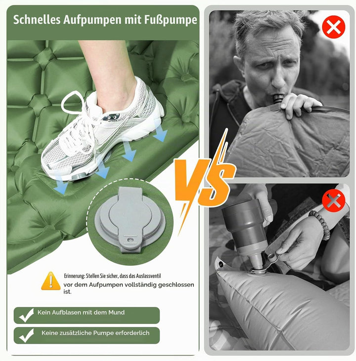 Isomatte Camping, Luftmatratze Ultraleicht mit Fusspresspumpe&amp; Kissen, Aufblasbare Verbindbar Matrat