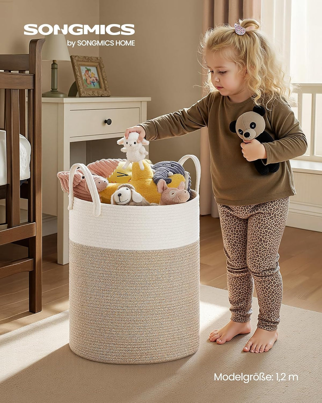 SONGMICS Wäschekorb, Wäschesammler für Kinder, Aufbewahrungskorb, Baumwollseil, mit Henkel, für Deck