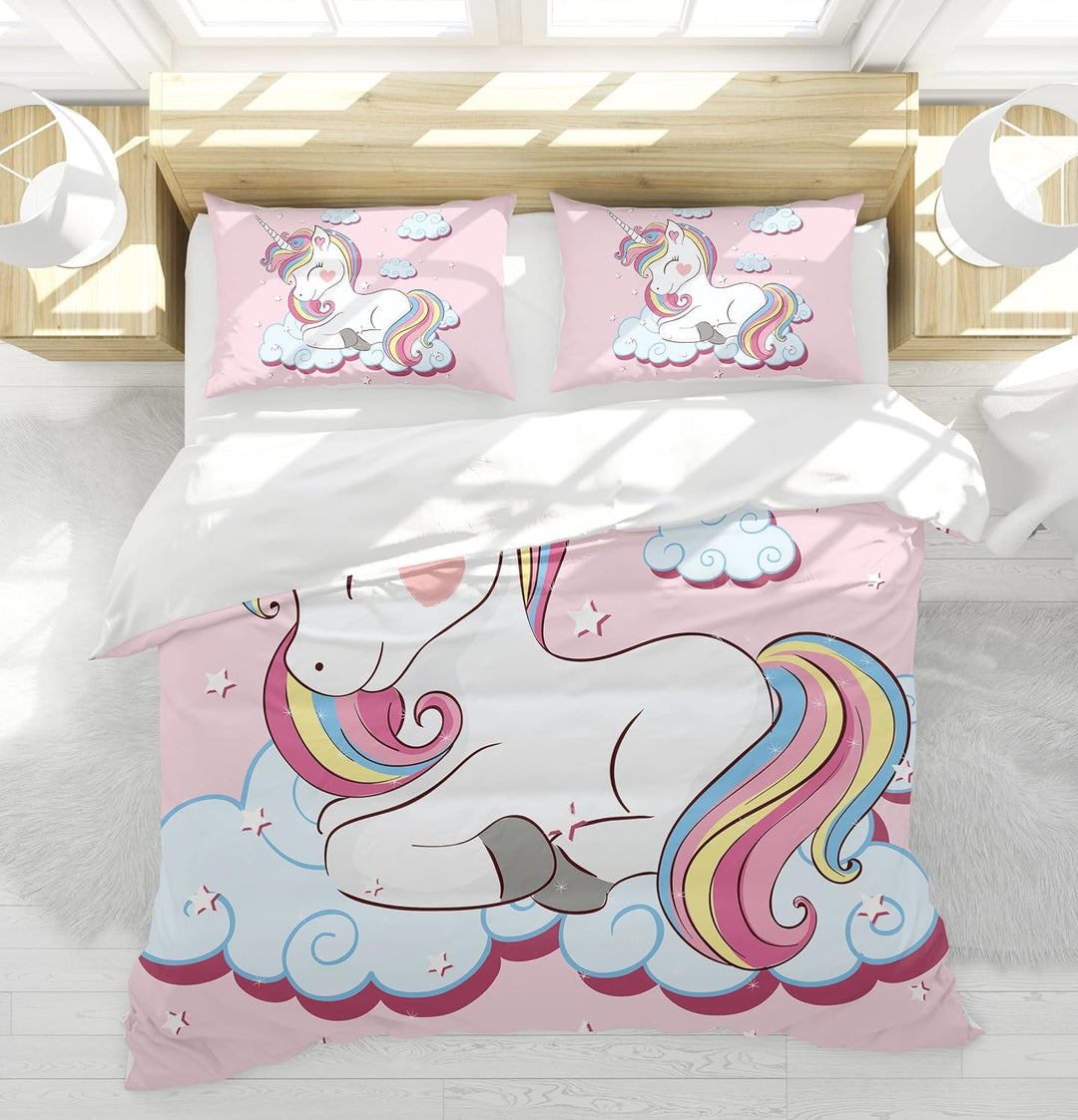 PQCXXA Kinder Einhorn Bettwäsche Mädchen-Bettwäsche Set Rosa 3D Cartoon Einhorn Bunt Blume drucken B