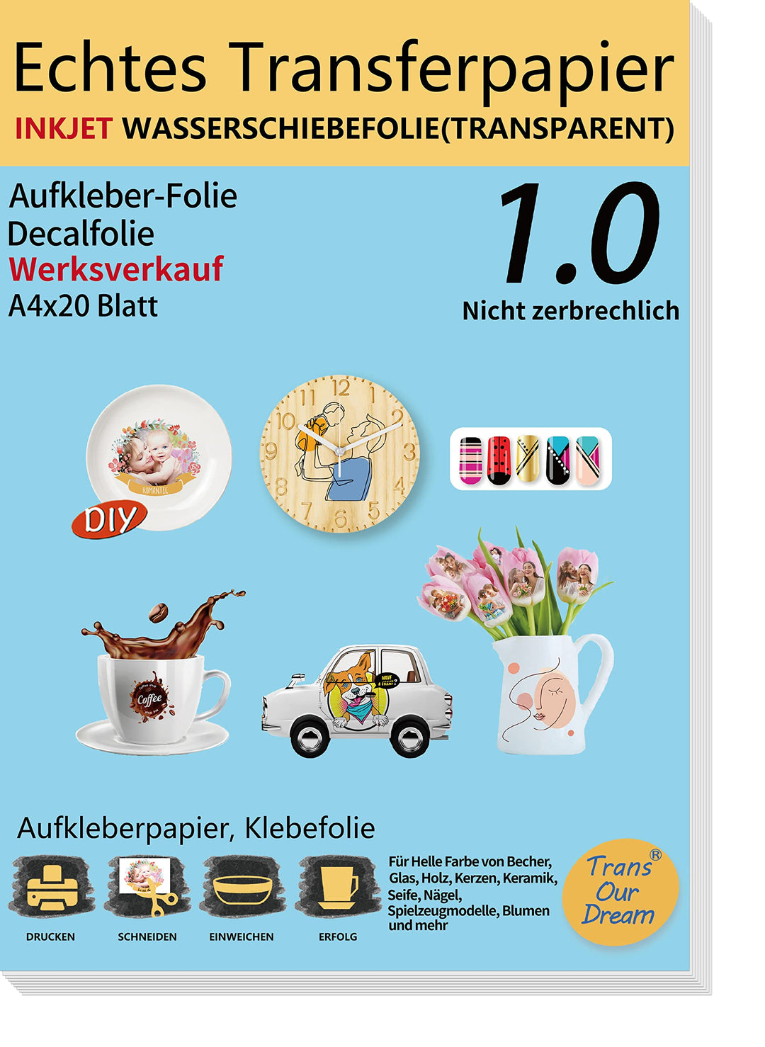 TransOurDream ECHTE Inkjet Wasserschiebefolie(TRANSPARENT) für Tintenstrahldrucker,A4X20 Blatt, Tran
