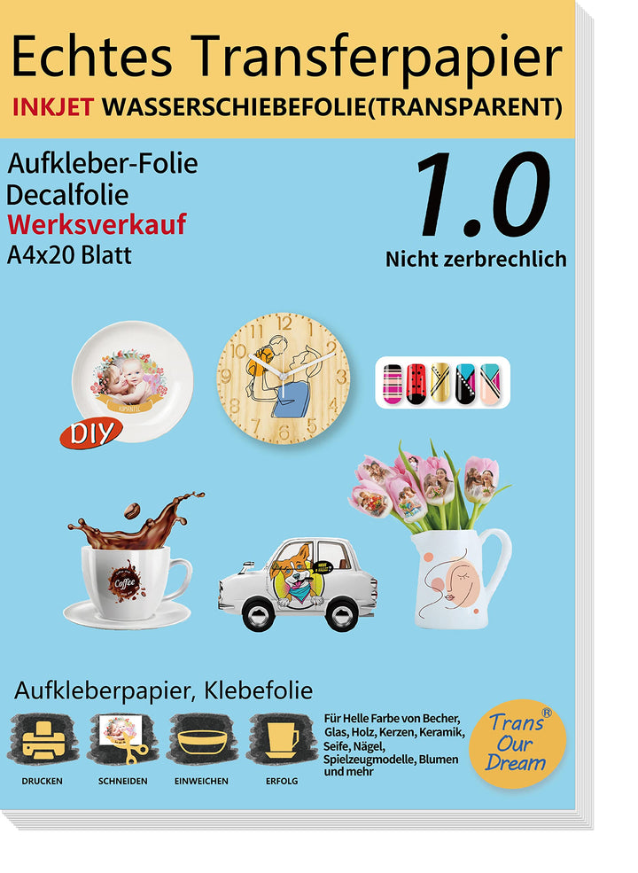 TransOurDream ECHTE Inkjet Wasserschiebefolie(TRANSPARENT) für Tintenstrahldrucker,A4X20 Blatt, Tran