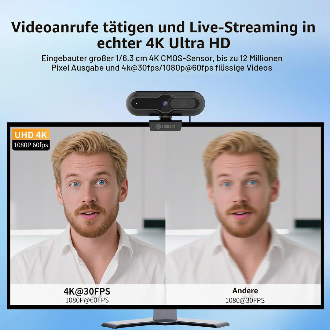 TOALLIN 4K-Webcam für PC, 1080P@60FPS, 1/2,5-Zoll-Sensor, PDAF-Autofokus, integriertes Mikrofon und