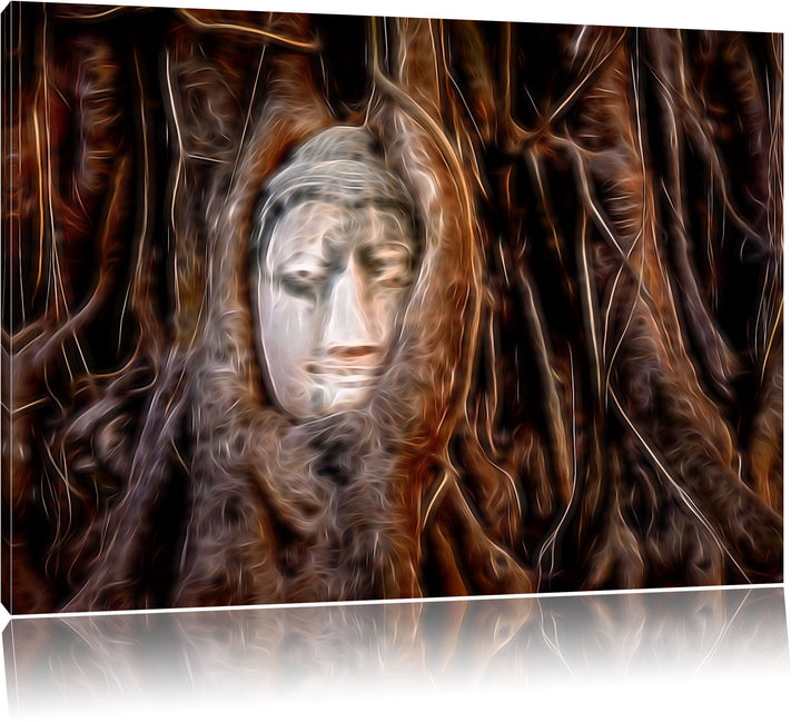 Kopf eines Buddhas versteckt zwischen Wurzeln abstrakt Format: 100x70 auf Leinwand, XXL riesige Bild