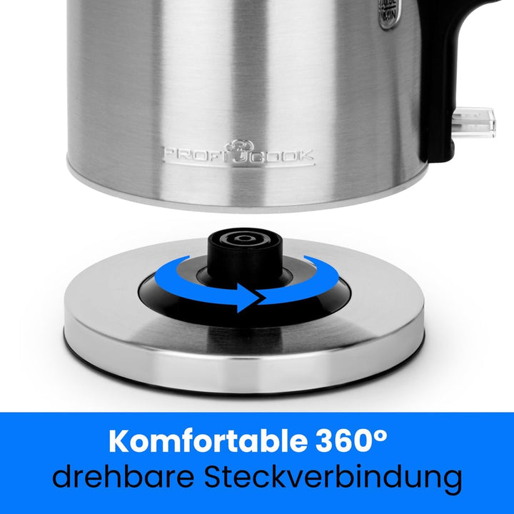 ProfiCook® Wasserkocher Edelstahl 1,7L | Ambiente-Beleuchtung | 2200W | Einhandbedienung | BPA frei