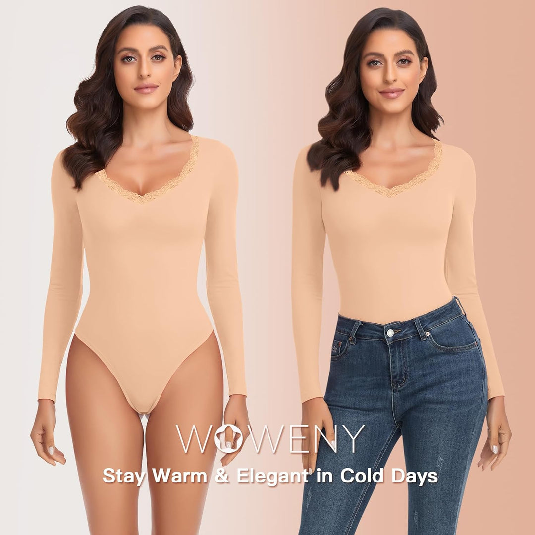 WOWENY Thermo Body Damen Langarm Elegant Langarmbody mit Spitze V-ausschnitt Fleece Bodysuit Warm Be