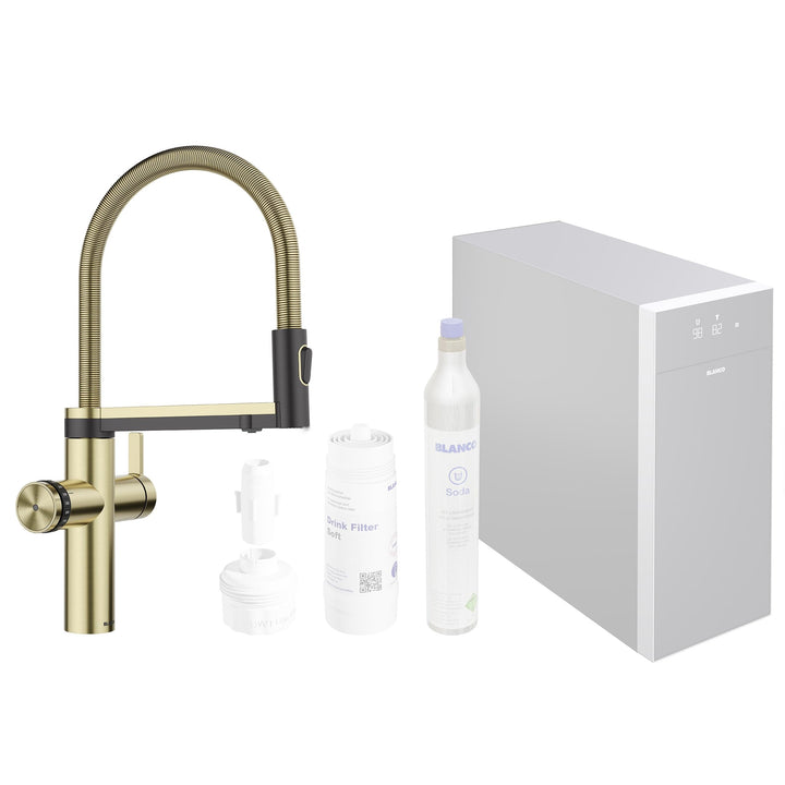 BLANCO CHOICE Icona | Küchenarmatur aus Edelstahl satin gold | all-in-one Armatur | Gekühltes Wasser