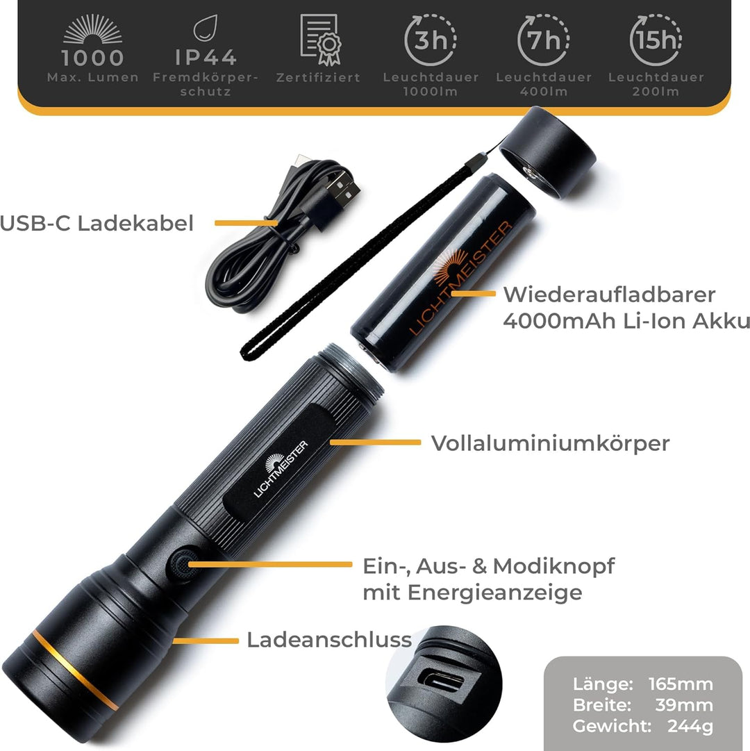 LICHTMEISTER® Taschenlampe (1000 Lumen, 4000 mAh Akku) - Taschenlampe LED aufladbar - LED Taschenlam