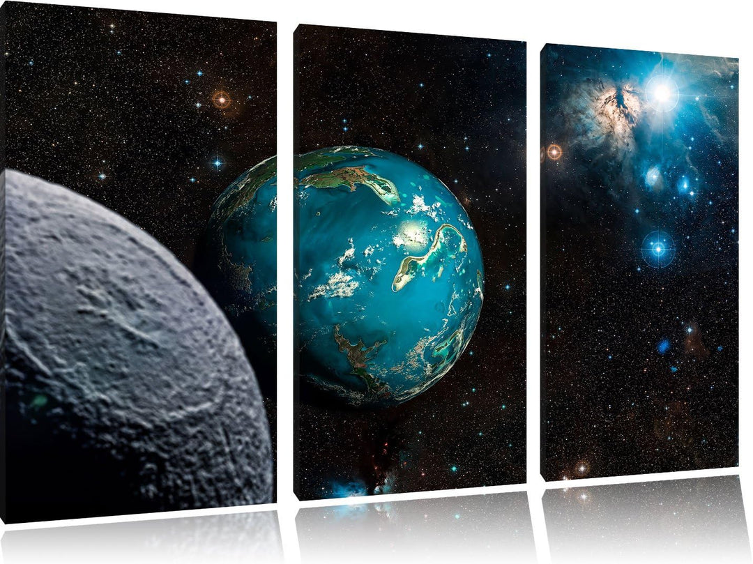 Pixxprint Planet Erde im Kosmos als Leinwandbild | Grösse: 3 Teilig (120x80) | Wandbild| Kunstdruck