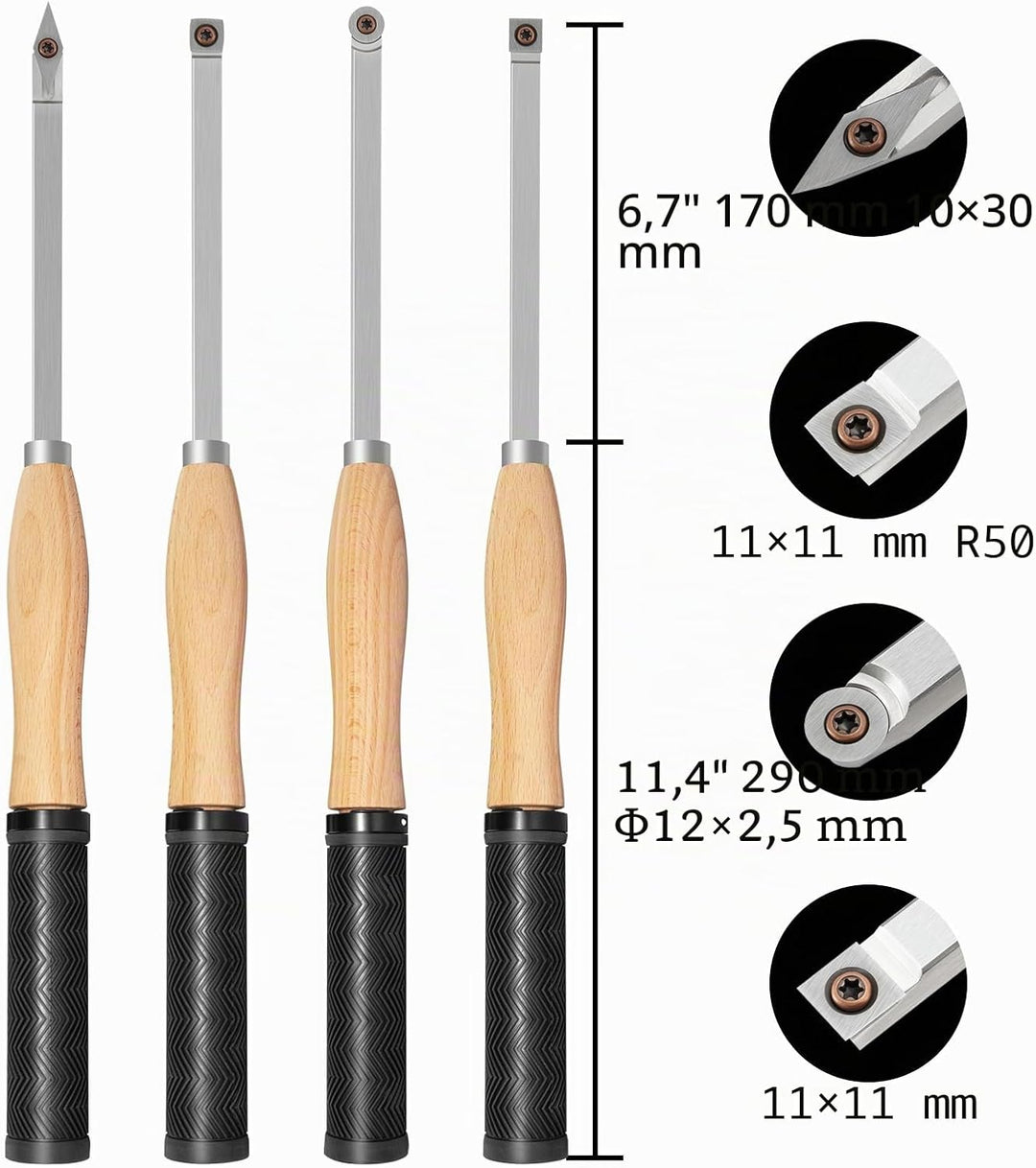 46.5cm Drechseleisen Set mit Hartmetall-Schneidplatten, 4 Stück Drechselmesser in Holzkoffer, Drechs