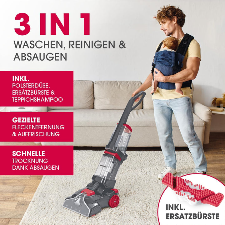 CLEANmaxx Teppichreiniger AquaStream Plus | 3 in 1: waschen, reinigen, absaugen | Nasssauger mit Vib