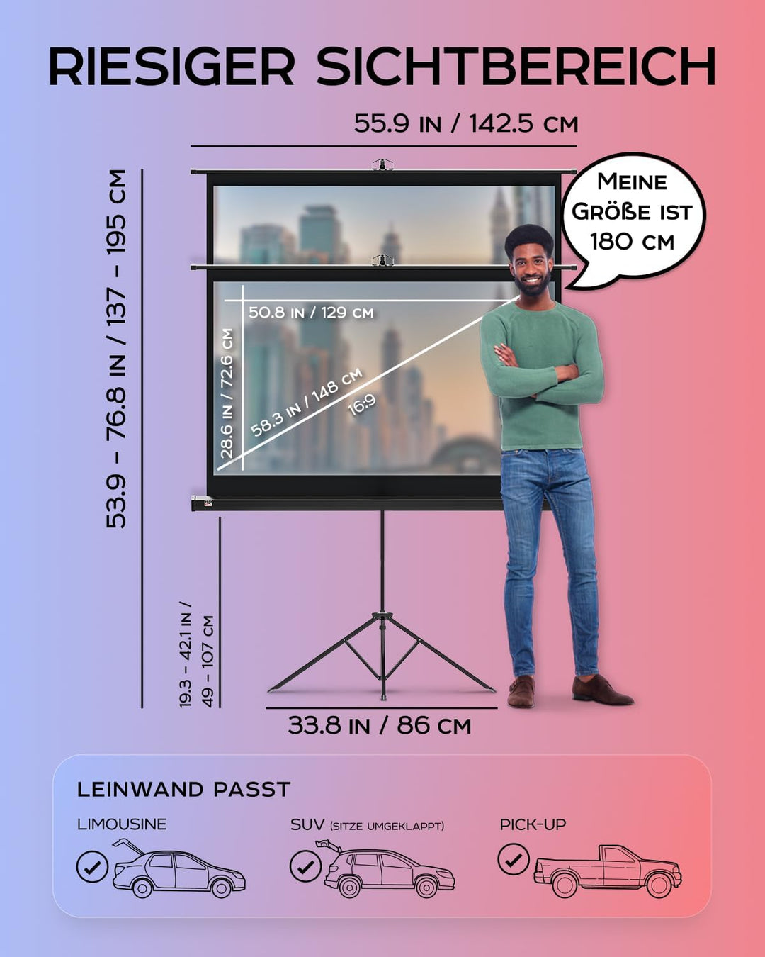 Beamer Leinwand mit Stativ 60 zoll – Projektor Leinwand für Indoor und Outdoor für Film und Büropräs