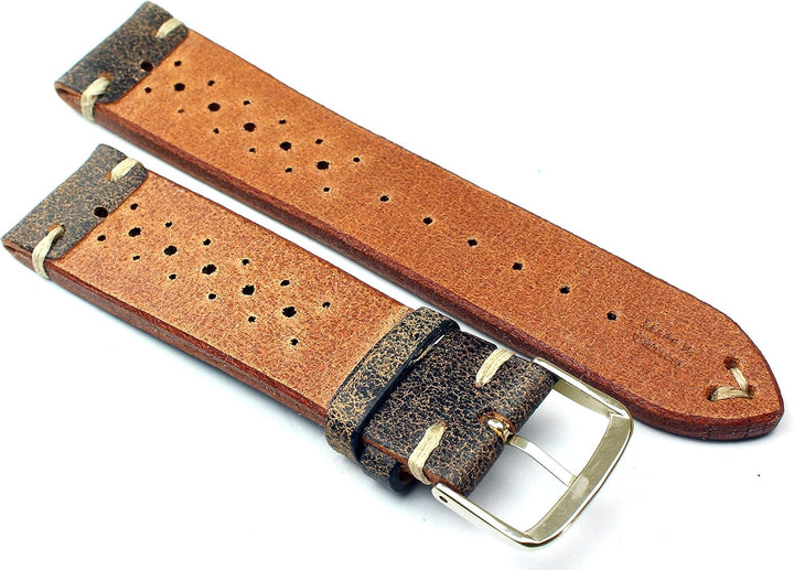 22mm Fluco Racing Rallye Vintage Rindsleder Uhrenarmband handgemacht in Deutschland Robust braun wei