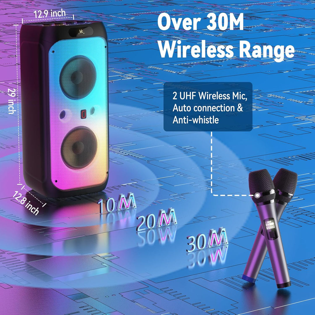 JYX Karaoke Maschine Tragbarer Bluetooth-Lautsprecher mit 2 drahtlosen Mikrofonen für Erwachsene, Ka