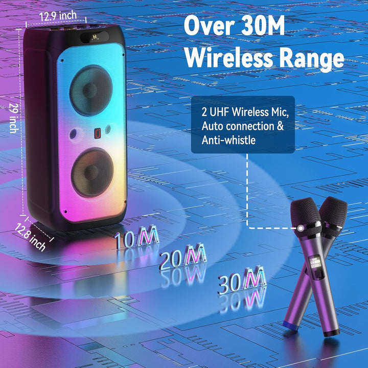 JYX Karaoke Maschine Tragbarer Bluetooth-Lautsprecher mit 2 drahtlosen Mikrofonen für Erwachsene, Ka