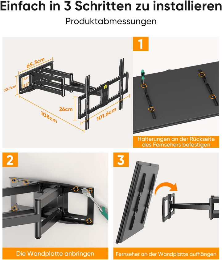 FORGING MOUNT Vollbewegliche TV Wandhalterung für 60-100 Zoll Fernseher bis 100kg, Fernseher Wandhal