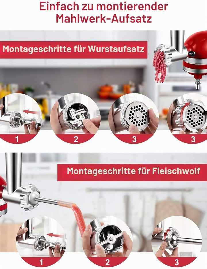 Fleischwolf Aufsatz für KitchenAid Standmixer, Edelstahl Fleischwolf Aufsatz Enthält 3 Wurstfüller,