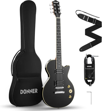 Donner E-Gitarre Set E Gitarren LP-Stil 39 Zoll Voller Grösse mit Tasche, Gurt, Kabel (Schwarz), Sch