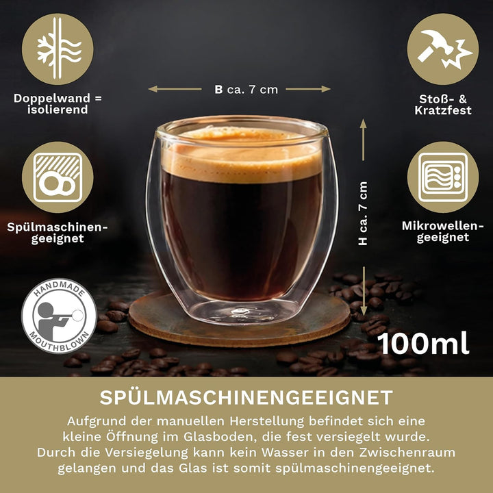 Creano doppelwandige Espresso-Gläser, 6er-Set 100ml, Mokkatassen, Thermo-Gläser mit Schwebe-Effekt S