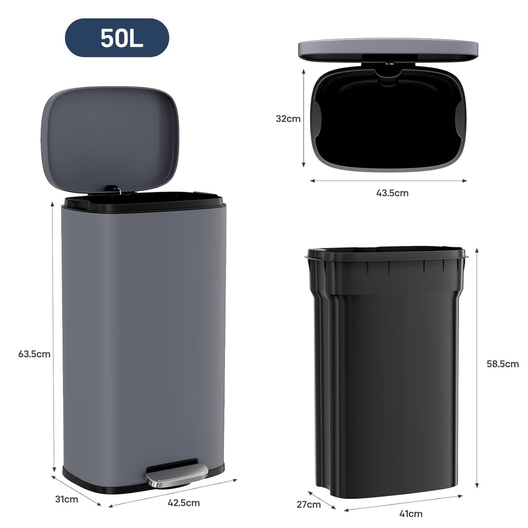 Clevich Mülleimer 50L aus Stahl, Abfalleimer, Tretmülleimer mit Soft-Close Deckel, Fusspeda, abnehmb