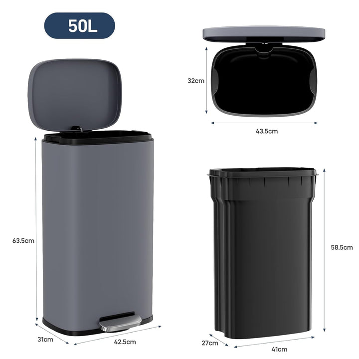 Clevich Mülleimer 50L aus Stahl, Abfalleimer, Tretmülleimer mit Soft-Close Deckel, Fusspeda, abnehmb