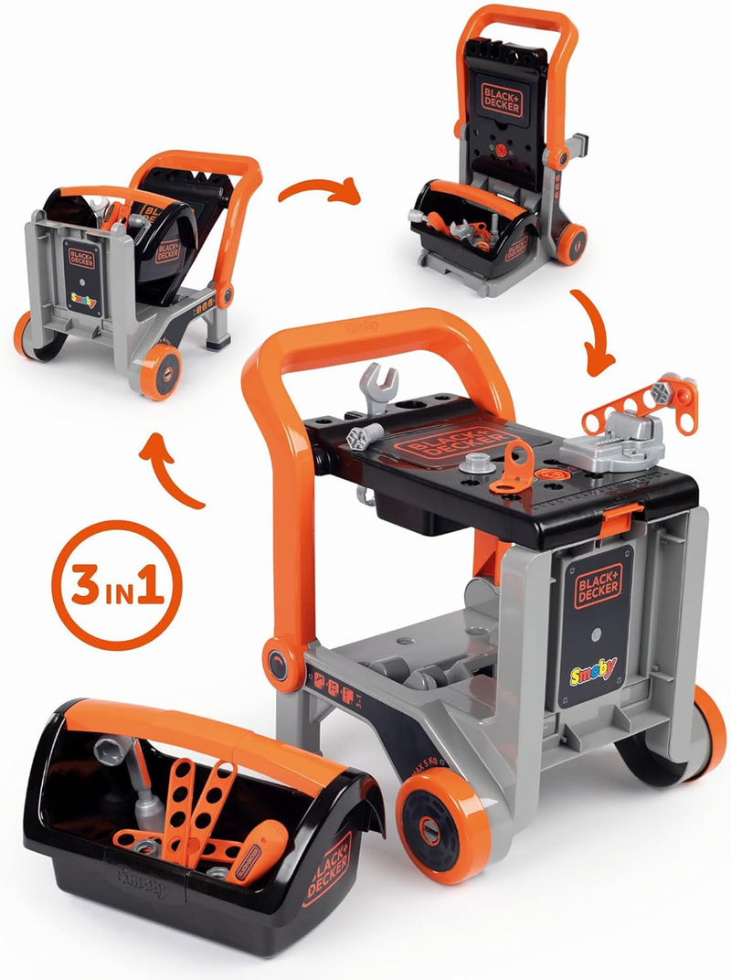 Smoby - Black + Decker 3-in-1 Multi-Werkbank mit Werkzeugkoffer - kleine Werkbank, mobiler Trolley,