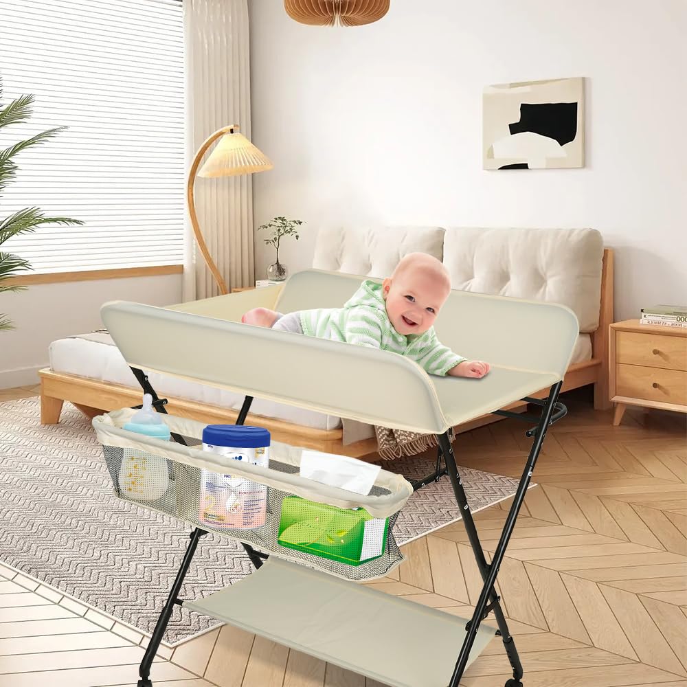 Baby Wickelkombi,klappbare Wickelkommode, mobiler Wickeltisch mit Wickelauflage, Giraffen-Muster, Ge