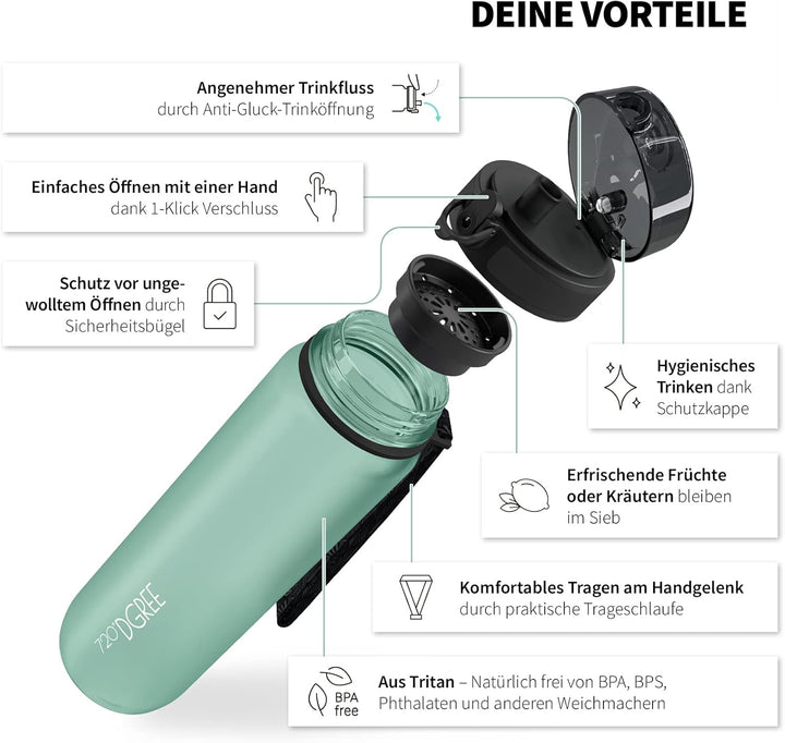 720°DGREE Trinkflasche 1l Sport “uberBottle“ softTouch +Sieb - BPA-Frei - Wasserflasche für Uni, Arb