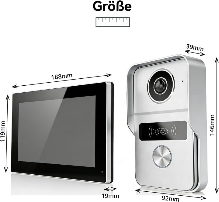 Video Türklingel mit Kamera, 2-Draht, Türsprechanlage mit 7" Farb-Touchscreen, Entsperren und Zwei-W