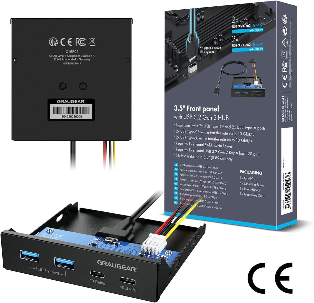 GRAUGEAR | 4 Anschlüsse 10Gbit/s Front-Panel | 2X USB-C+2X USB-A USB3.2 Gen2 HUB | Frontblende für 3