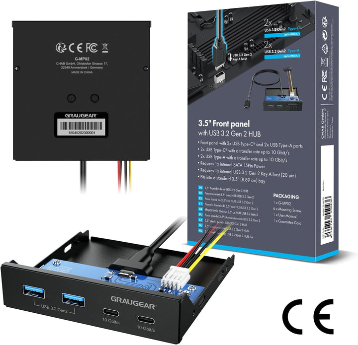 GRAUGEAR | 4 Anschlüsse 10Gbit/s Front-Panel | 2X USB-C+2X USB-A USB3.2 Gen2 HUB | Frontblende für 3