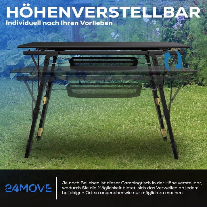 24MOVE® Campingtisch Klapptisch mit Aluminiumrahmen, Tischplatte aufrollbar, Falttisch klappbar, höh