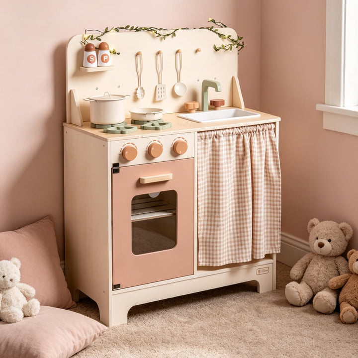 ROBUD Kinderküche Holz Kinder Spielzeug, Spielküche Kinder Küche Zubehör mit Backofen, Schürze, Hand