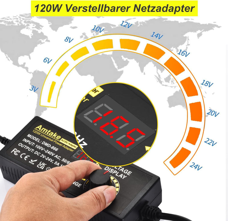 Einstellbares Netzteil 3V-24V Universal Netzteiladapter 5A 120W Verstellbarer Netzadapter 100V-240V