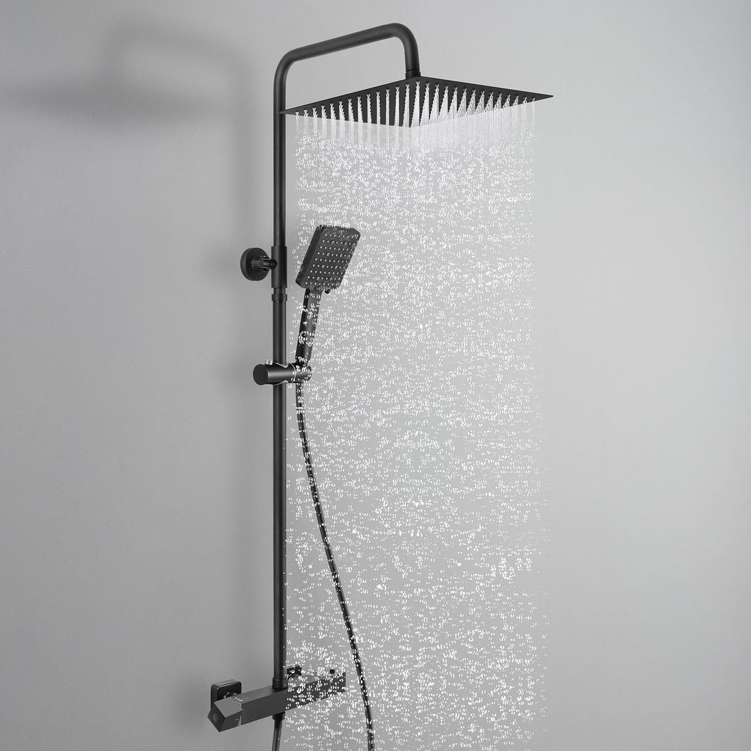 Auralum Thermostat Duschsystem Komplettset Schwarz mit 30cm Edelstahl Regendusche, 6 Strahlarten Han