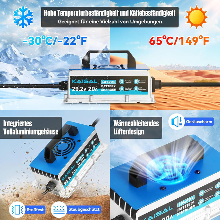 KAISAL 29.2V 20A LiFePO4 Ladegerät, LiFePO4 Batterieladegerät für 24V/25.6V Lithiumbatterie, 0V Akti