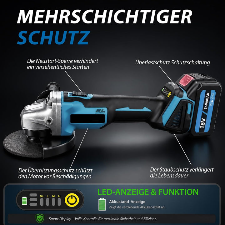 Flex Winkelschleifer,Ersatz für Makita,Akku 18v,125mm Trennschleifer | 8500U/min,3 Trennscheiben, mi