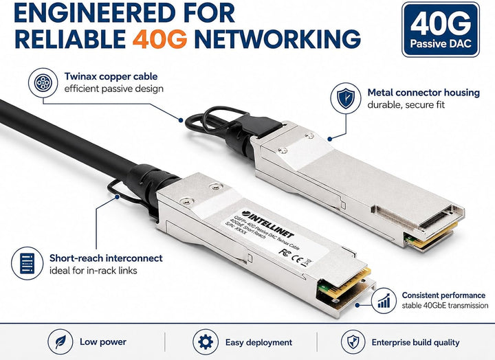 Intellinet QSFP+ 40G Passives DAC Twinax-Kabel QSFP+ auf QSFP+, 3 m, MSA-konform für maximale Kompat