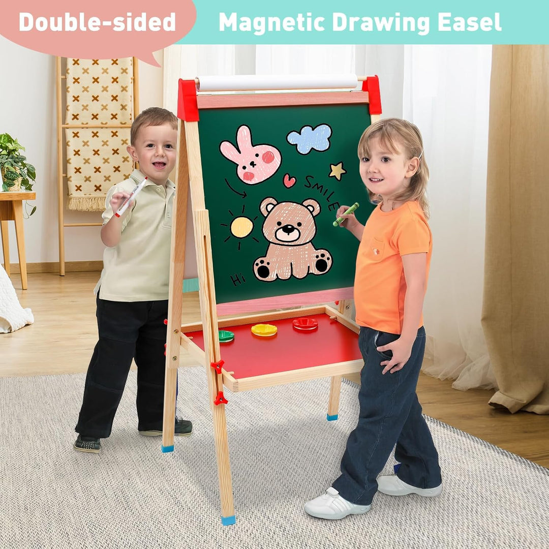 Maycoly Kinder Staffelei mit Papierrolle doppelseitiges Whiteboard und Kreidetafel Holz Kunst Staffe