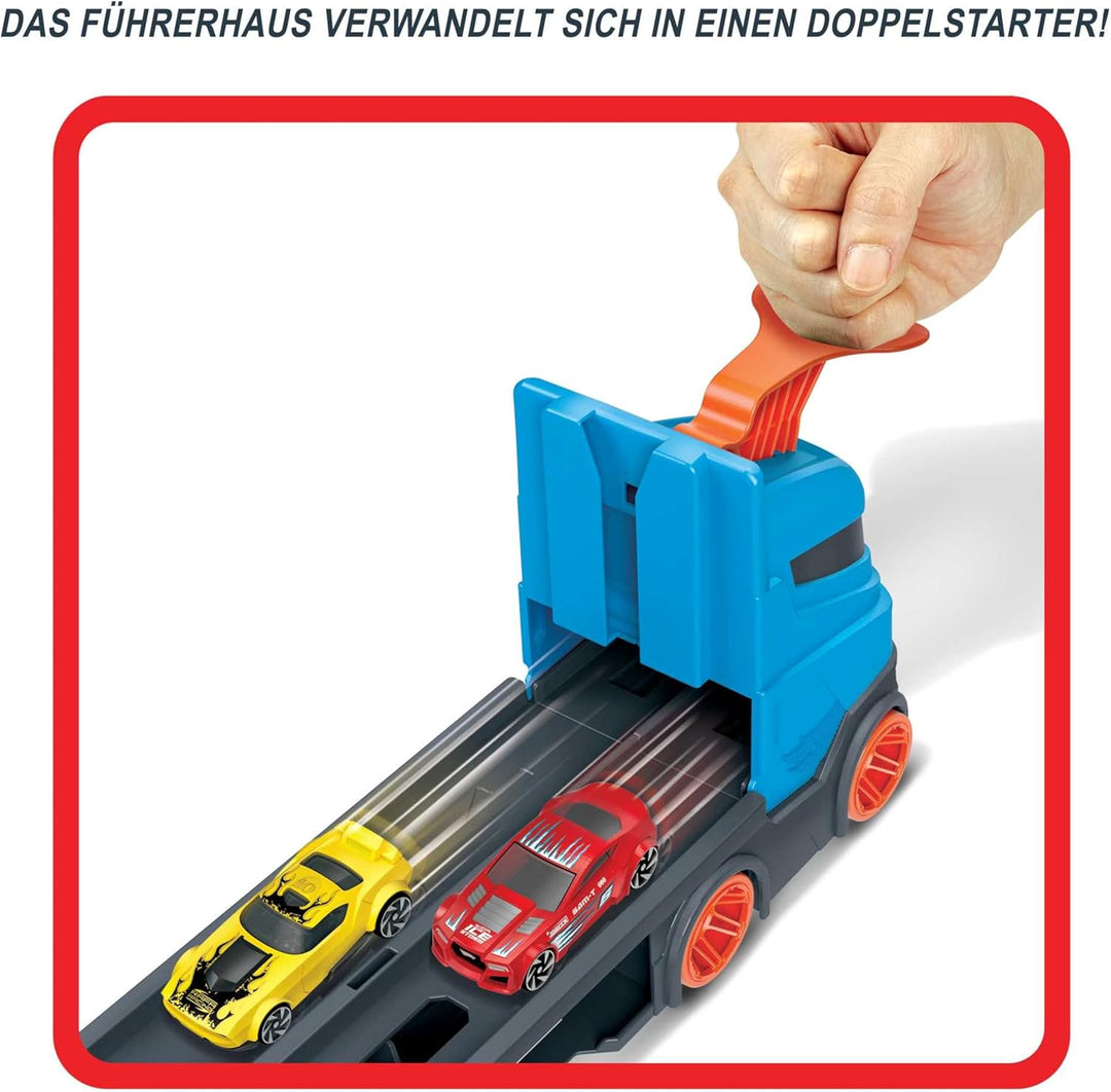 Hot Wheels - 2:1 Autorennbahn zu Transporter, inkl. 3 Spielzeugautos, mit Doppelstarter, Auslösefunk